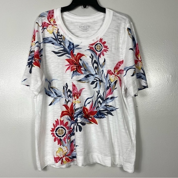 Floral Scoop Neck Tee Chico's Sz 4 20/22 - Picture 2 of 13